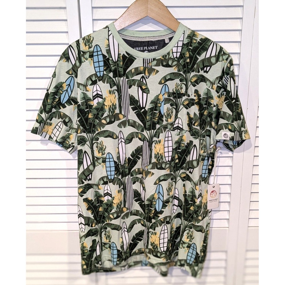 Free Planet Mens L Cotton T-Shirt Palm Tree Graphic Pocket Surf Beach Vibes NWT
